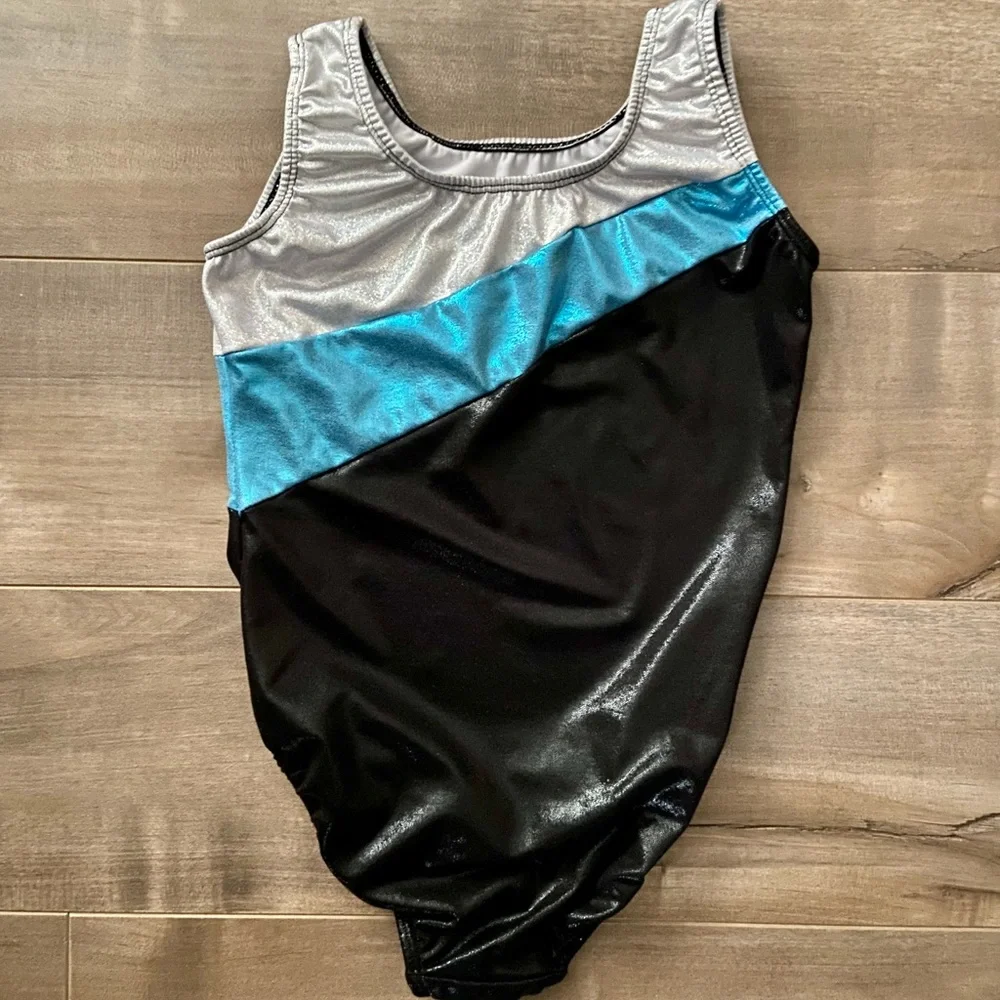 Elite Silver, Blue, and Black Gymnastics Leotard